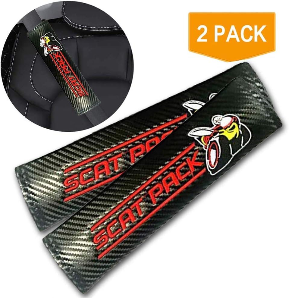 2Pcs Seat Belt Covers Shoulder Pads for Dodge Scat-Pack Bee, Embroidered Logo Black Leather Car Seat Belt Pads Safety Belt Cover Pad for Scat Pack (Red Scat Pack)