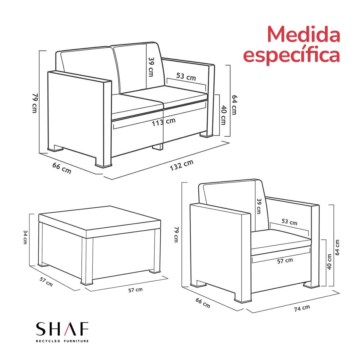 SP Berner SHAF - Conjunto Jardín Exterior y Terraza - Sofá de 2 plazas, 2 Sillones, Mesa Baja y Cojines Asiento - Plástico Reciclado - Set EVO Confort - Grafito