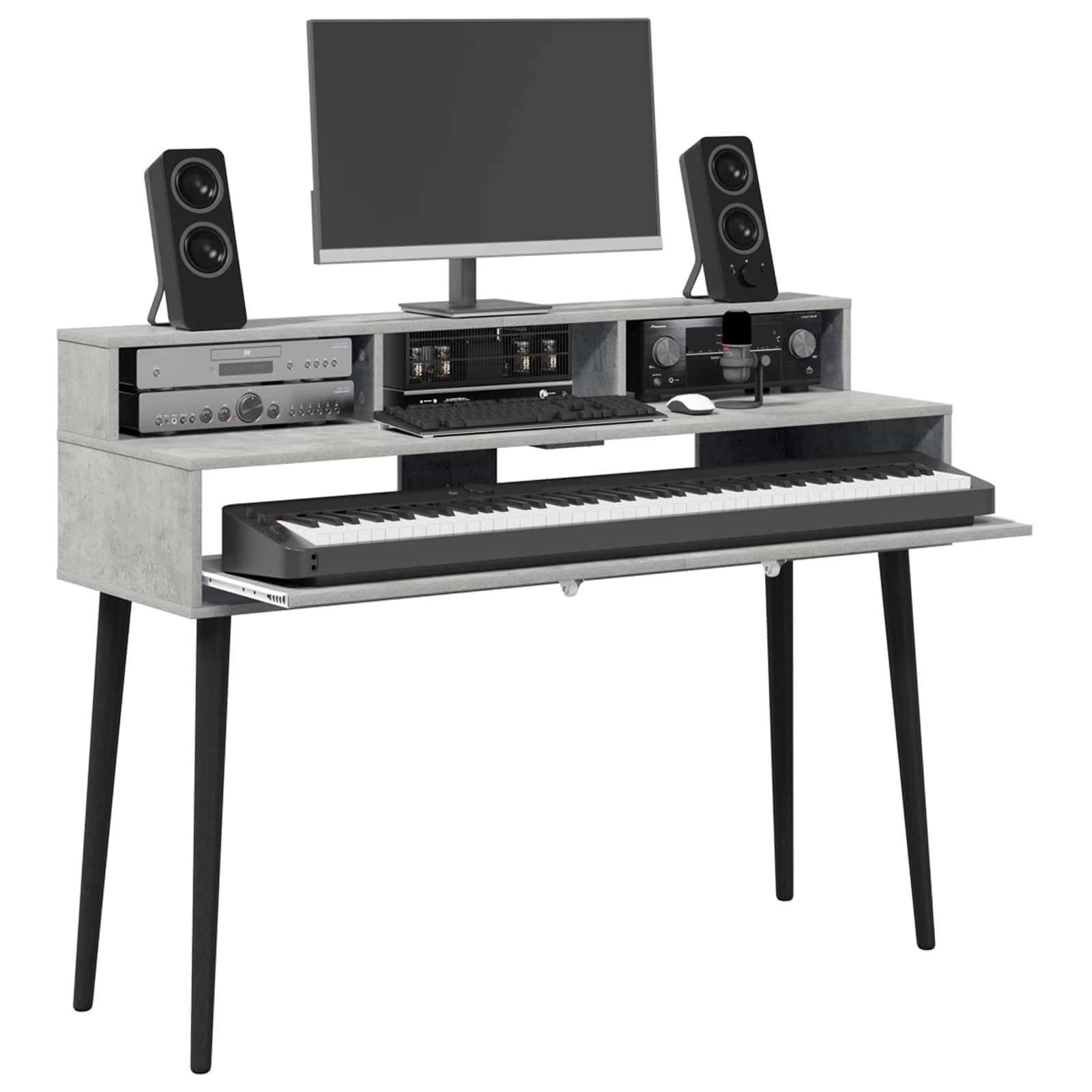 vidaXL Studio - Scrivania in legno duro, 152 x 42,5 x 36 cm, in legno ingegnerizzato, scrivania moderna e funzionale per la musica, mobile con tastiera in legno, arredamento minimalista