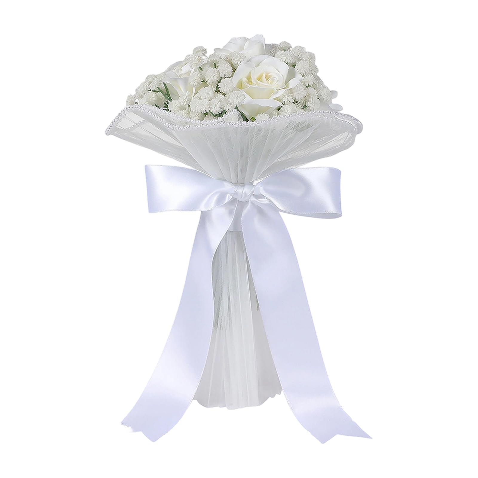 JSGHGDF Ribbon Flowers Bouquet Lightweight for Bridal Party Decoration Accessory Artificial Roses Bouquet White Shades for Ceremony Reception Bride Arrangement