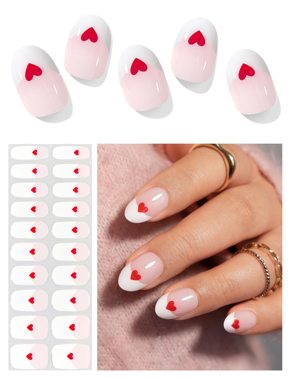 Semi Cured Gel Nail Strips (A White French Love), Red Love, 20 Pcs Gel Nail Wraps, Stickers, UV Light Required, Salon Quality, Long Lasting