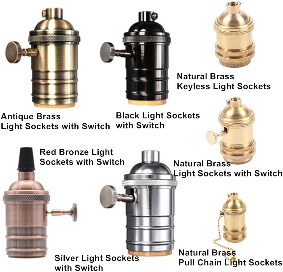 EFINEHOME 2 Pack Lamp or Fixture Replacement, E26/ E27 Solid Brass Industrial Light Socket Vintage Edison Pendant Lamp Copper Holder with Switch (Natural Brass-Keyless)