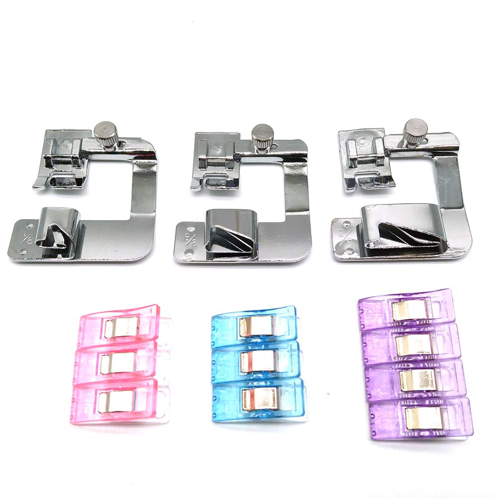 LNKA Pied Presseur Pour Ourlet Roulé 3 Tailles (2,5 Cm, 1,27 Cm, 1,9 Cm) Pour Singer Brother Babylock Juki Janome Avec 10 Clips De Reliure Matelassés