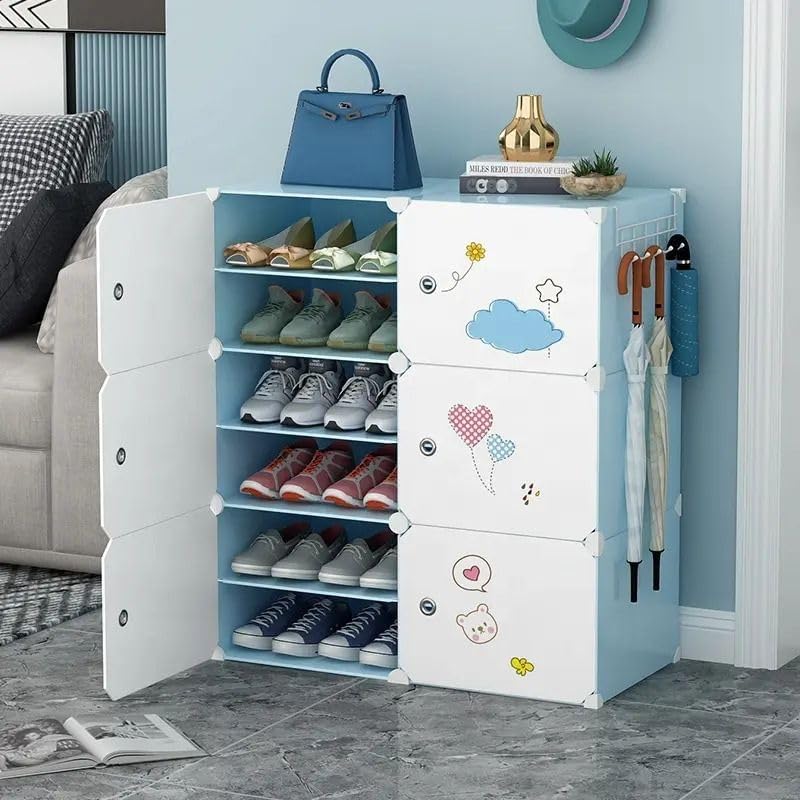 Image of Owme 6 Door Portable Shoe Rack Cabinet with Flip Door | Space Saving Multi Layer Shoe Organizer for Entryway Living Room | Multi Layer Storage for Sneakers, Heels & Boots - Blue