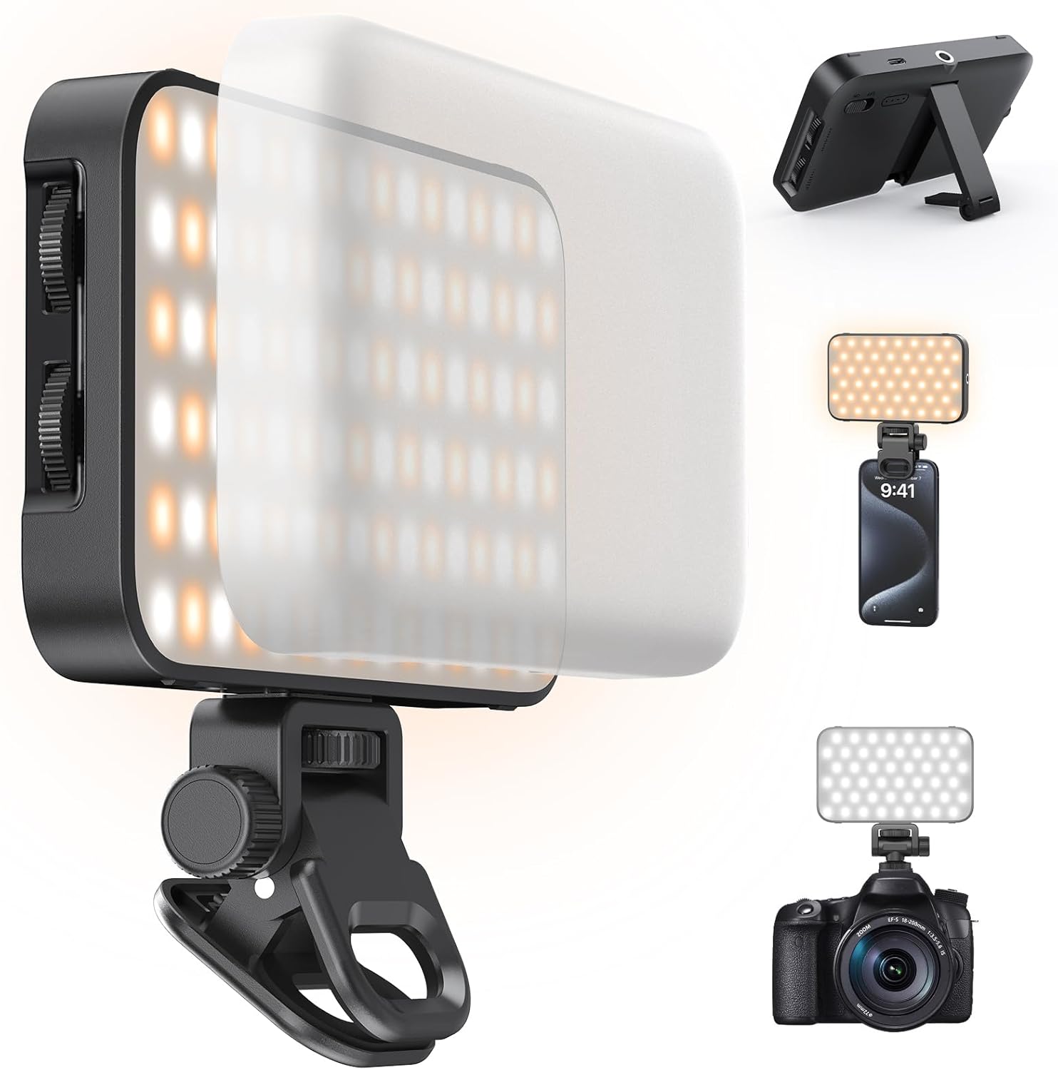Selfie Light with Soft Diffuser & Built-in Stand – 96 LED Rechargeable Clip Fill Zoom Light for Phone, iPhone, iPad, Camera, for Makeup, TikTok, Vlog, and FaceTime Calls AL96