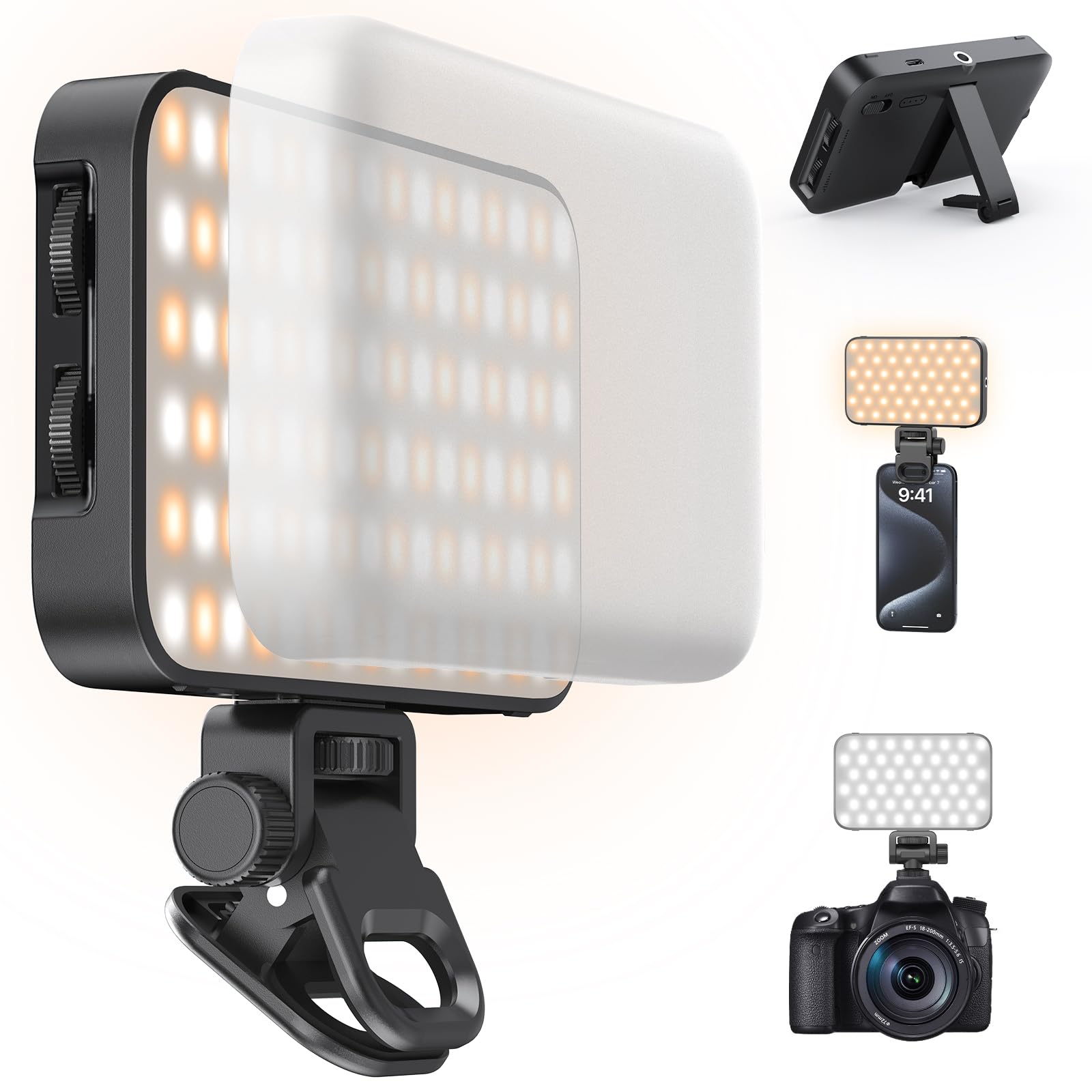 ANXRE Selfie Light with Soft Diffuser & Built-in Stand – 96 LED Rechargeable Clip Fill Video Conference Light for Phone, iPhone, iPad, Camera, Laptop, for Makeup, TikTok, Vlog, and Video Calls