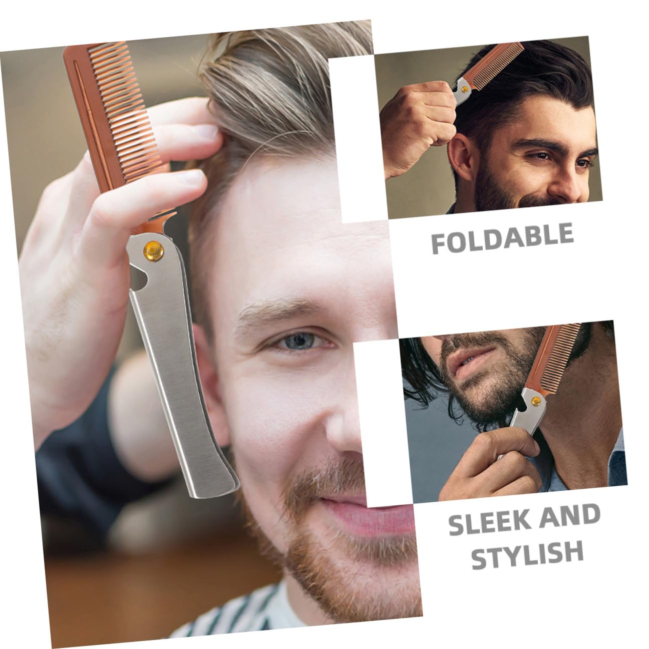 Abaodam 2pcs Folding Beard Comb and Portable Mustache Brush Set Stainless Steel Small Travel Hair Comb for Men Daily Grooming and Beard Care
