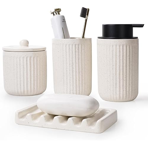 BosilunLife Ceramic Bathroom Accessories Set - Bathroom Counter Soap Set Beige Bathroom Decor Sets Accessories Bathroom Lotion Soap Dispenser and Toothbrush Holder Set, Soap Dish, Apothecary Jars