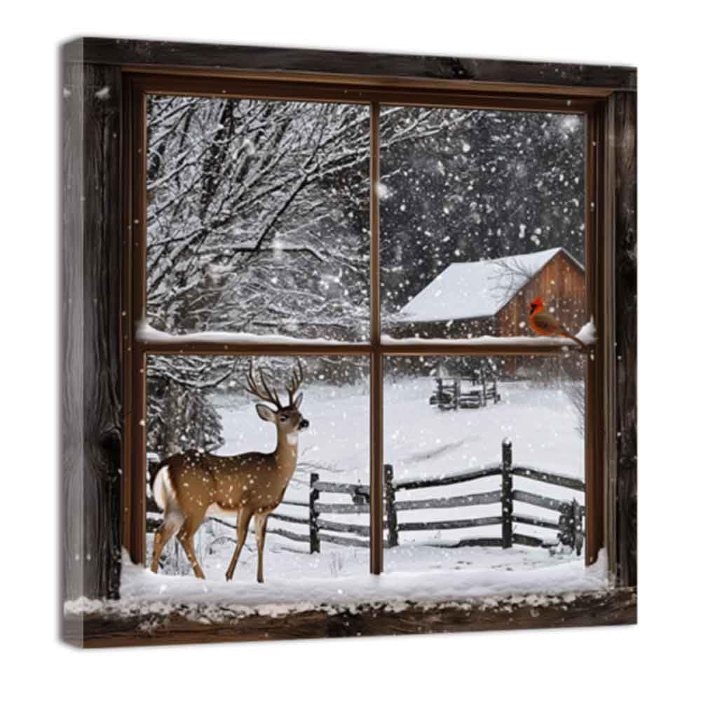 ZQQART Winter Canvas Wall Art Deer in the Snow Picture Prints Cardinal Painting Rustic Winter Scenic Poster Prints Bedroom Decor Framed(White,24.00" x 24.00")