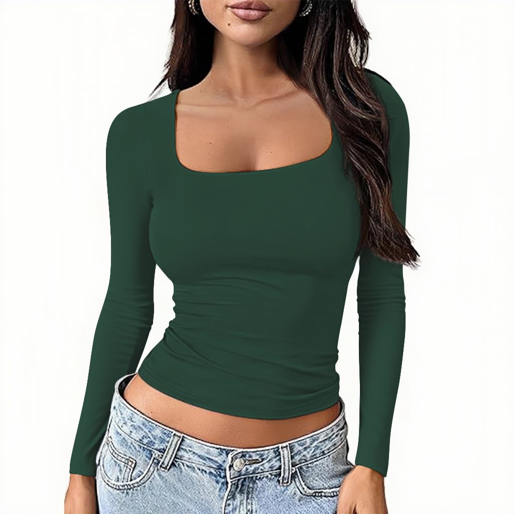 OOHOKAY Langarmshirt Damen U-Ausschnitt Basic Oberteile Y2K Slim Fit Tshirt Crop Tops Lässige Streetwear(Dunkelgrün-U1,L)