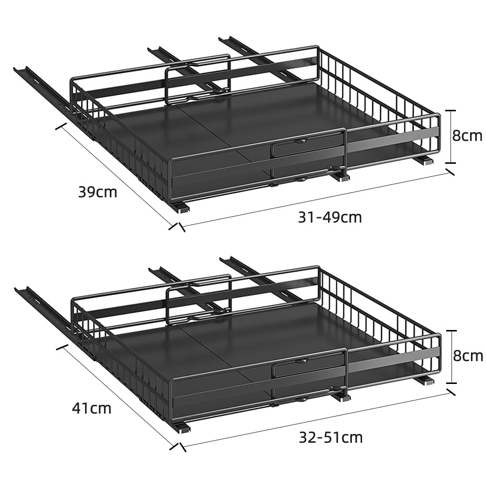Wysuwane półki z szufladami pod zlewem do szafek kuchennych i łazienkowych, regulowane kosze (31-49 cm i 32-51 cm), czarne rozwiązanie do przechowywania