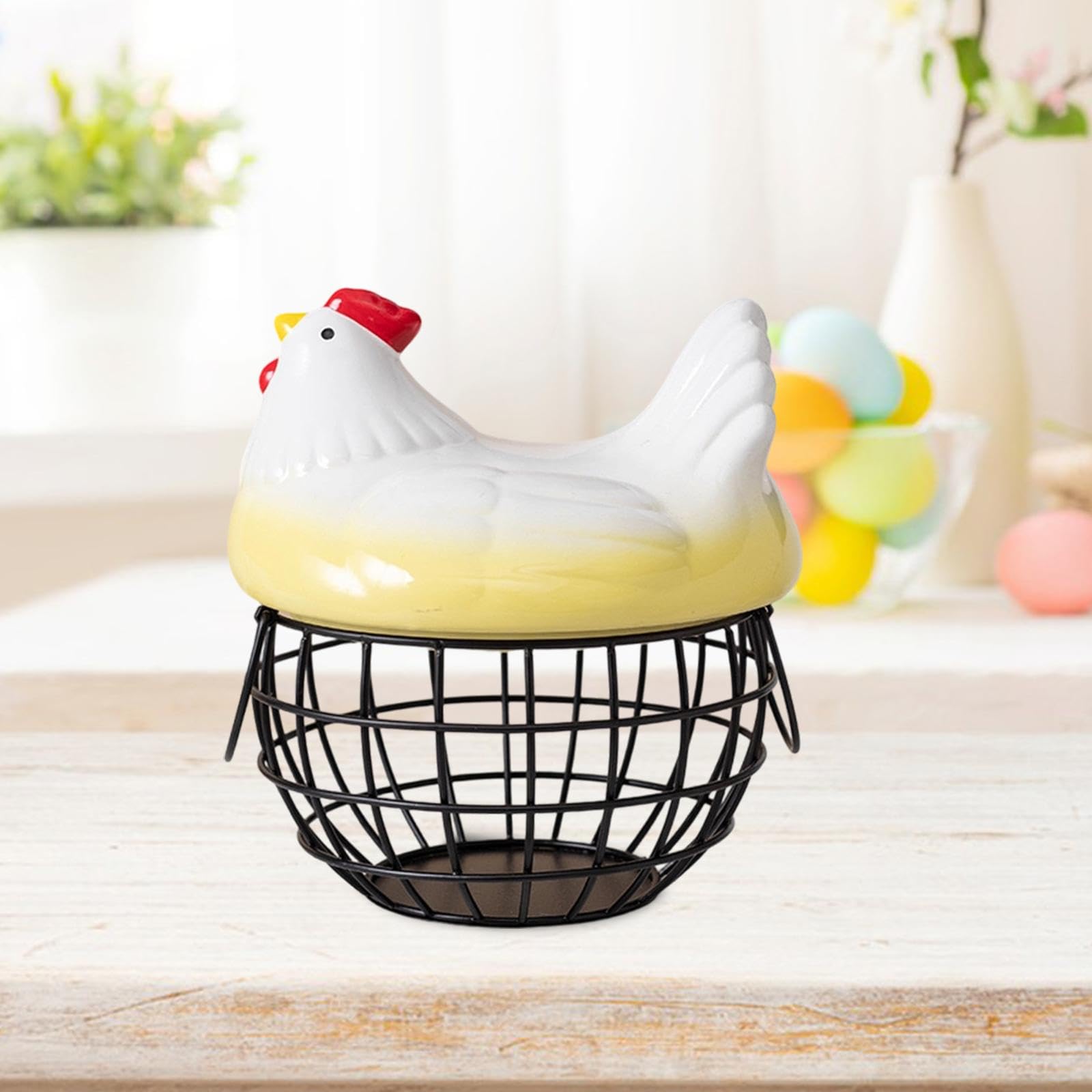 kowaku Cesta para Huevos de Organizador de Encimera Recipiente de Metal con Tapa Decorativa Capacidad Amplia Adecuado para Uso en Despensa, Negro Amarillo, Individual