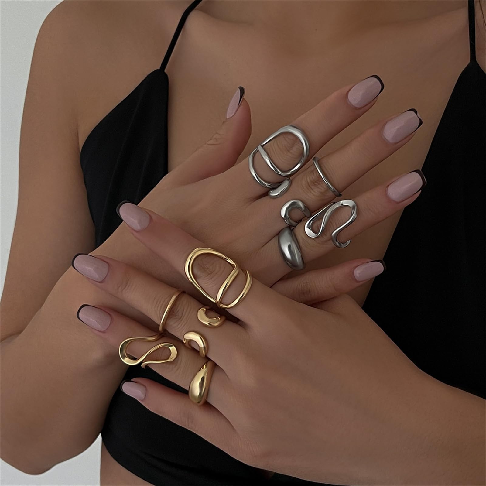 Anillos gruesos de oro para mujer, no se deslustra, diseño de cúpula redonda de moda, lindo lazo apilable, ajustable, hueco tallado, articulación de dedo, anillos apilables, Metal, Sin piedras 3