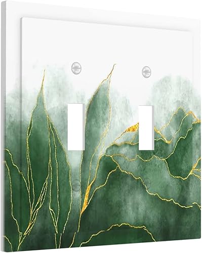 Placa de pared con doble interruptor de luz de 2 bandas, diseño de mármol degradado, líneas de oro verde, placa frontal decorativa para baño,