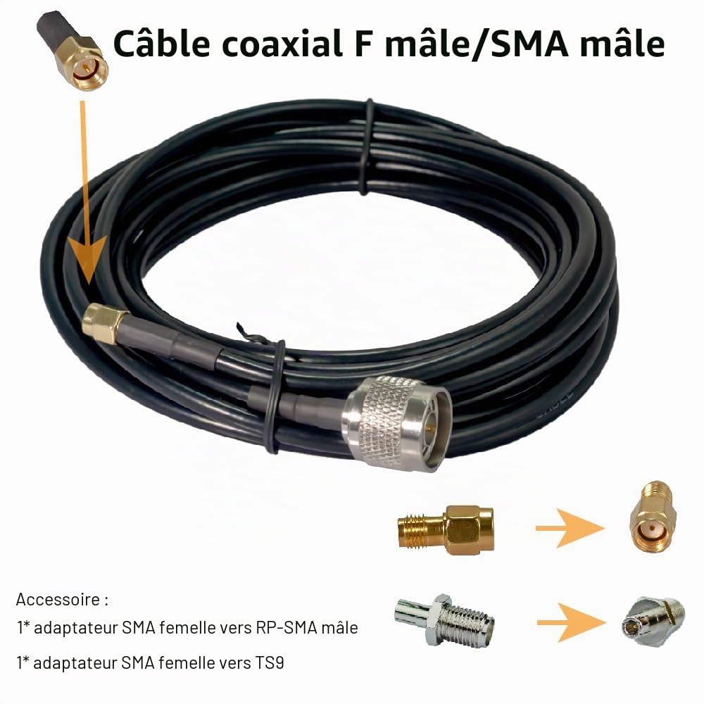 Antenne 5G/4G LTE 12dBi Directionnelle Extérieure Compatible Orange Bouygues SFR Free Mobile 5m Câble SMA RP-SMA TS9