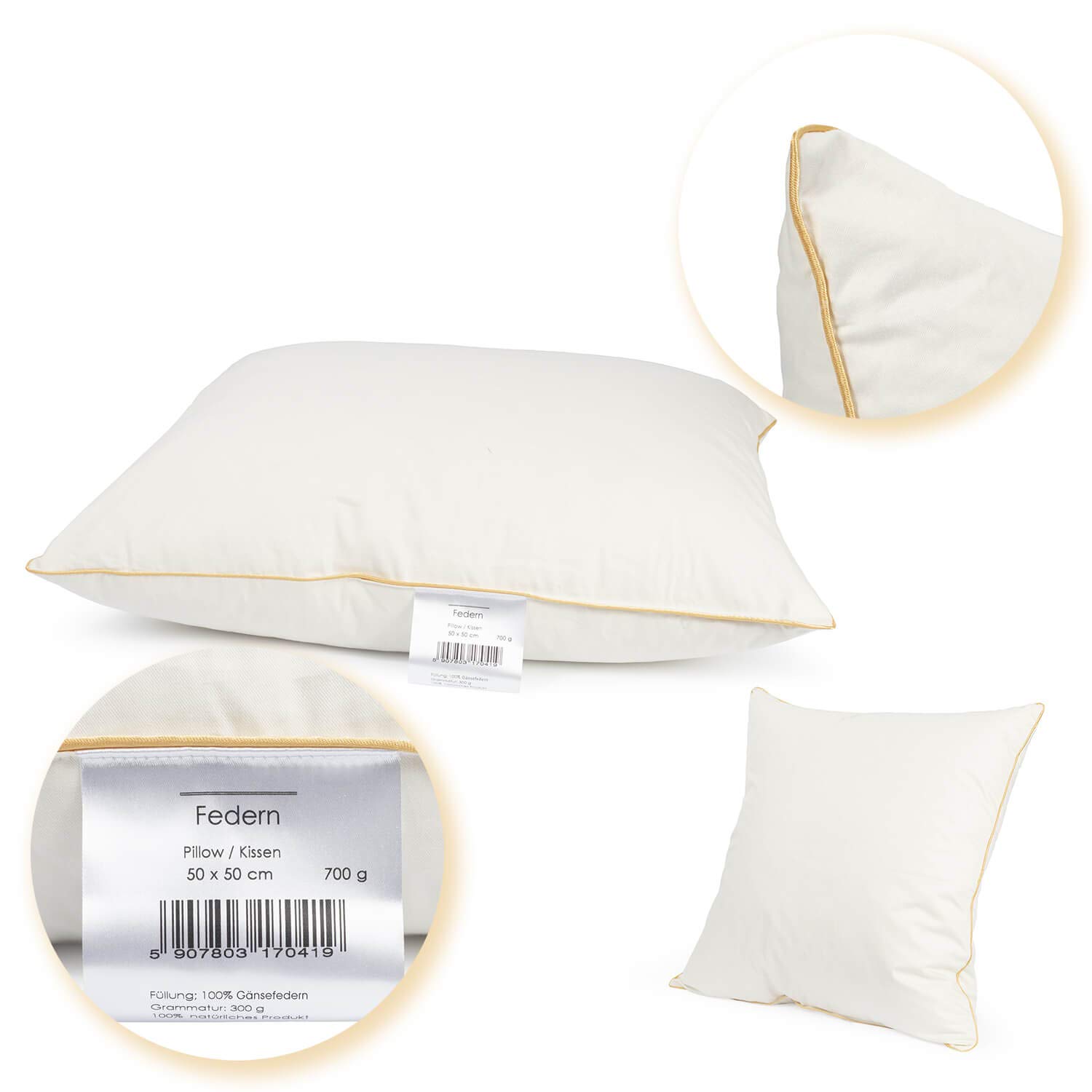 H&F Heimtextilien 4er Set Federkissen 50x50 cm | 700g Kissenfülung 100% Federn | Kissen mit OekoTex Zertifikat | Bezug: 100% Baumwolle