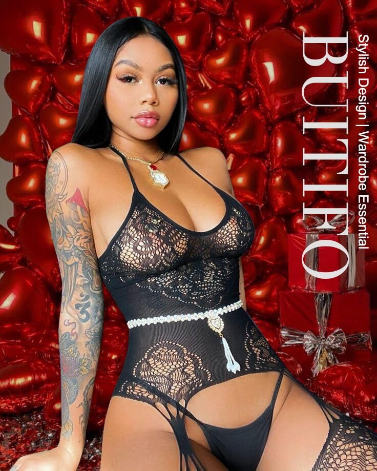 Buitifo Womens Fishnet Bodystocking Plus Size Crotchless Bodysuit Sexy Tights Soft Nightwear Lingerie: One Size Black Ngb