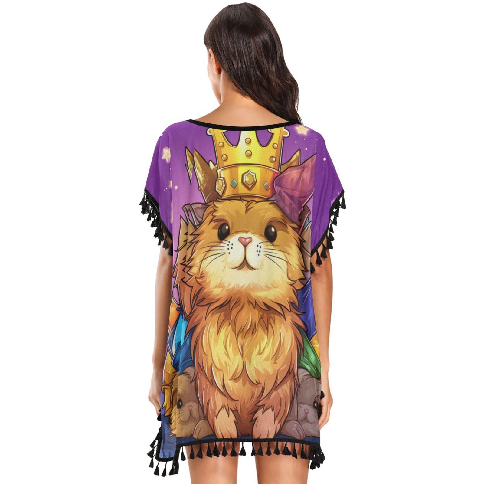 Doodle Style Cute Rabbit Women's Beach Cover Up Chiffon Tassel Swimwear Swimsuit Coverups for Girl