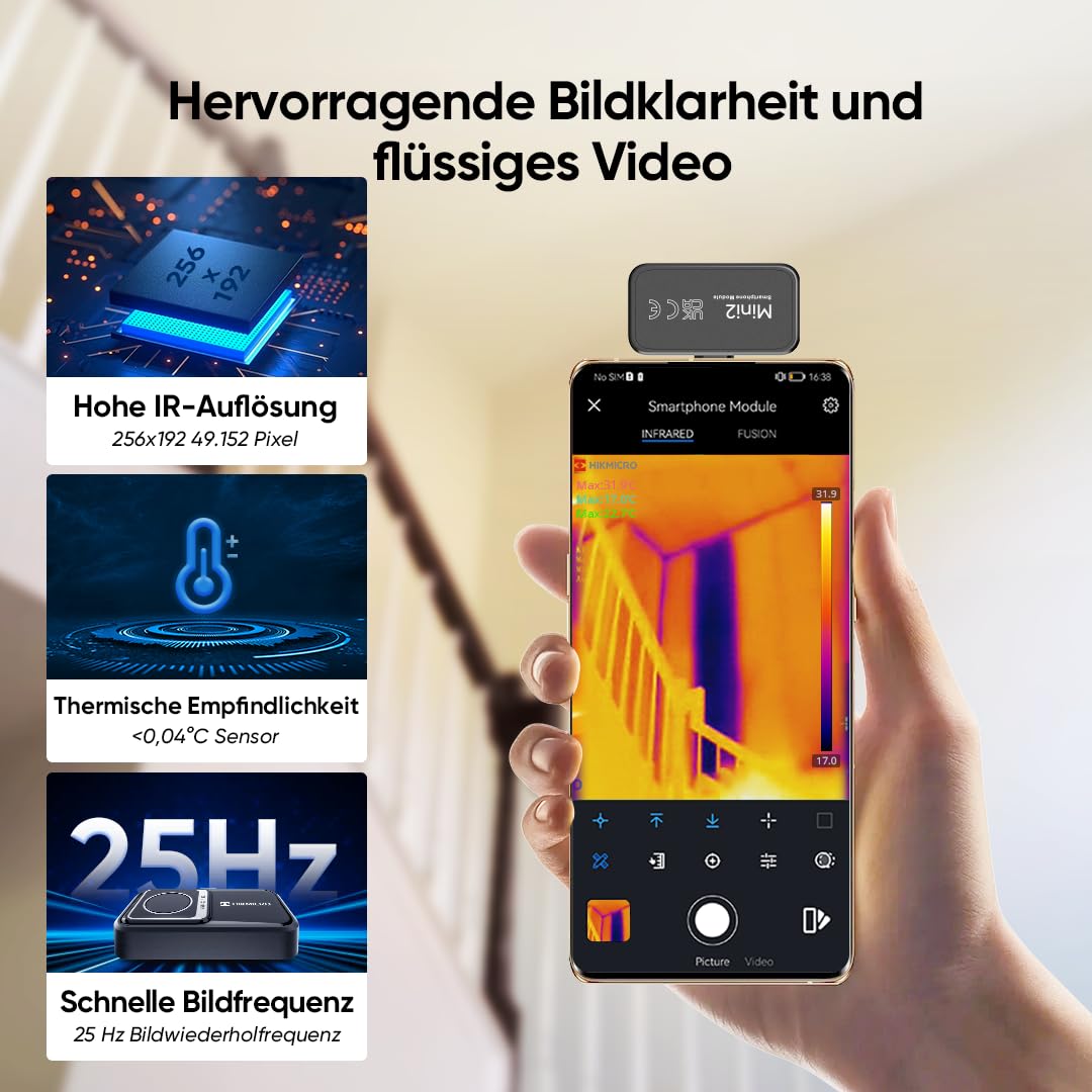 HIKMICRO Mini2 Wärmebildkamera Android, 256 x 192 IR-Auflösung, Wärmebildkamera 25 Hz Bildfrequenz, 50° Weitwinkel, Infrarotkamera 49.152 Pixel, -20°C bis 350°C, USB-C (nicht IOS kompatibel)