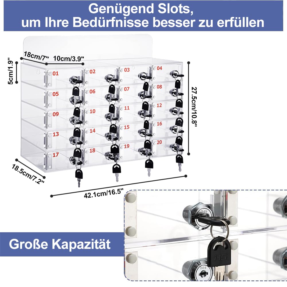 Acryl Handy-Aufbewahrungsbox mit Türschlössern und Schlüsseln, 20 Fächer, Wandmontage & Schreibtisch