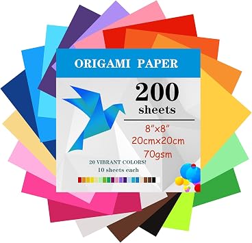 200 Sheets Origami Paper, 20x20 cm/8 Inch Origami Paper Double Sided70gsm, 20 Colors Large Origami Paper Squares for Kids DIY School Arts Crafts Projects Children Adults