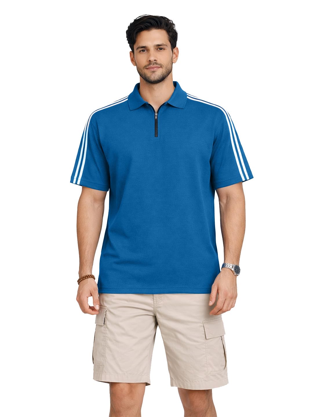 organic chics Men's Polo T-Shirt with Zip Collar, Stripes, Short Sleeve, Casual Wear-picture-12