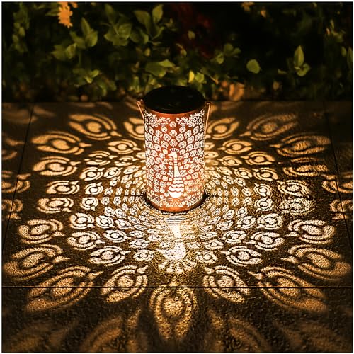 Faroles solares de pavo real para exteriores, impermeables, colgantes, luces solares de pavo real, regalos para mujeres y hombres, faroles LED decorativos de metal para patio, césped, mesa, camino