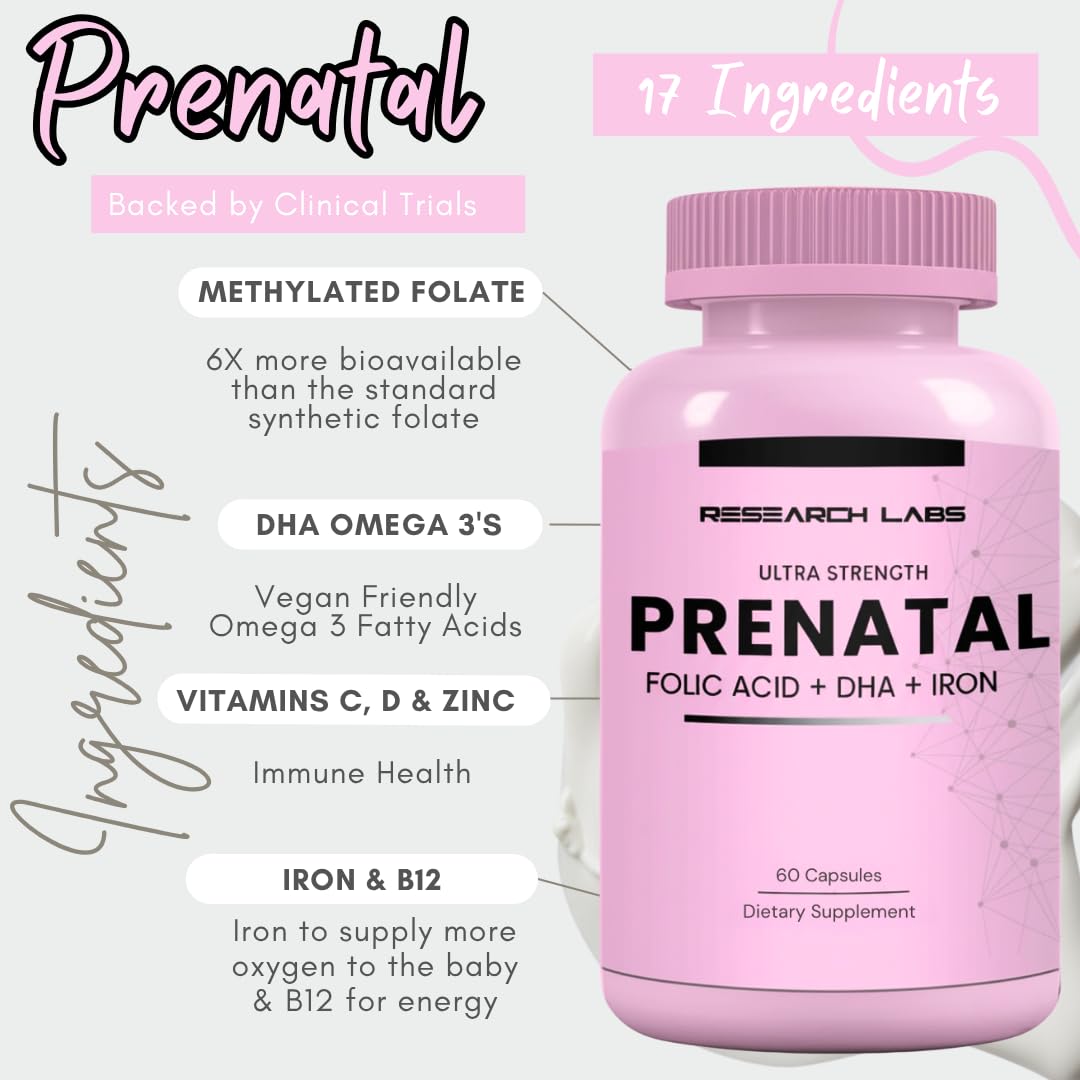 Research Labs Prenatal Vitamins for Women 2 Fer 1 Ad: 6X More Bioavailable Methylated Folate Folic Acid MTHF 5 | Supports Brain Development, Healthy Growth — Amazon image 2