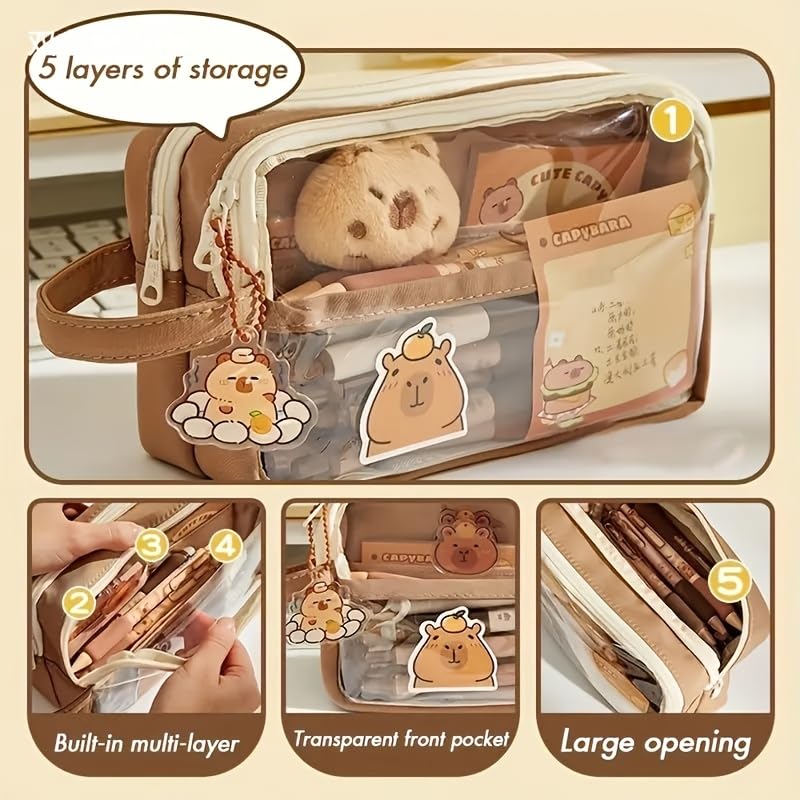 Image of Capybara Pencil Case Multi-Layer Plush Capybara Stationery Bag - Kawaii Capybara Gifts for Office or Travel Perfect for Capybara Lovers