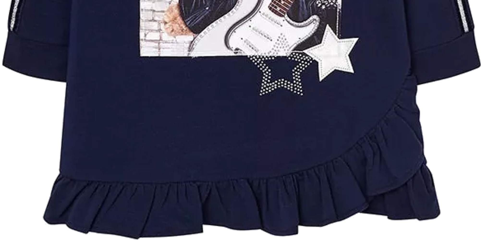 Sukienka dziewczęca gwiazda rocka z nadrukiem na gitarę i falbanki, długie rękawy, spódnica w kolorze granatowym, styl casual i komfort, sukienka księżniczki dla dziewczynki, zima