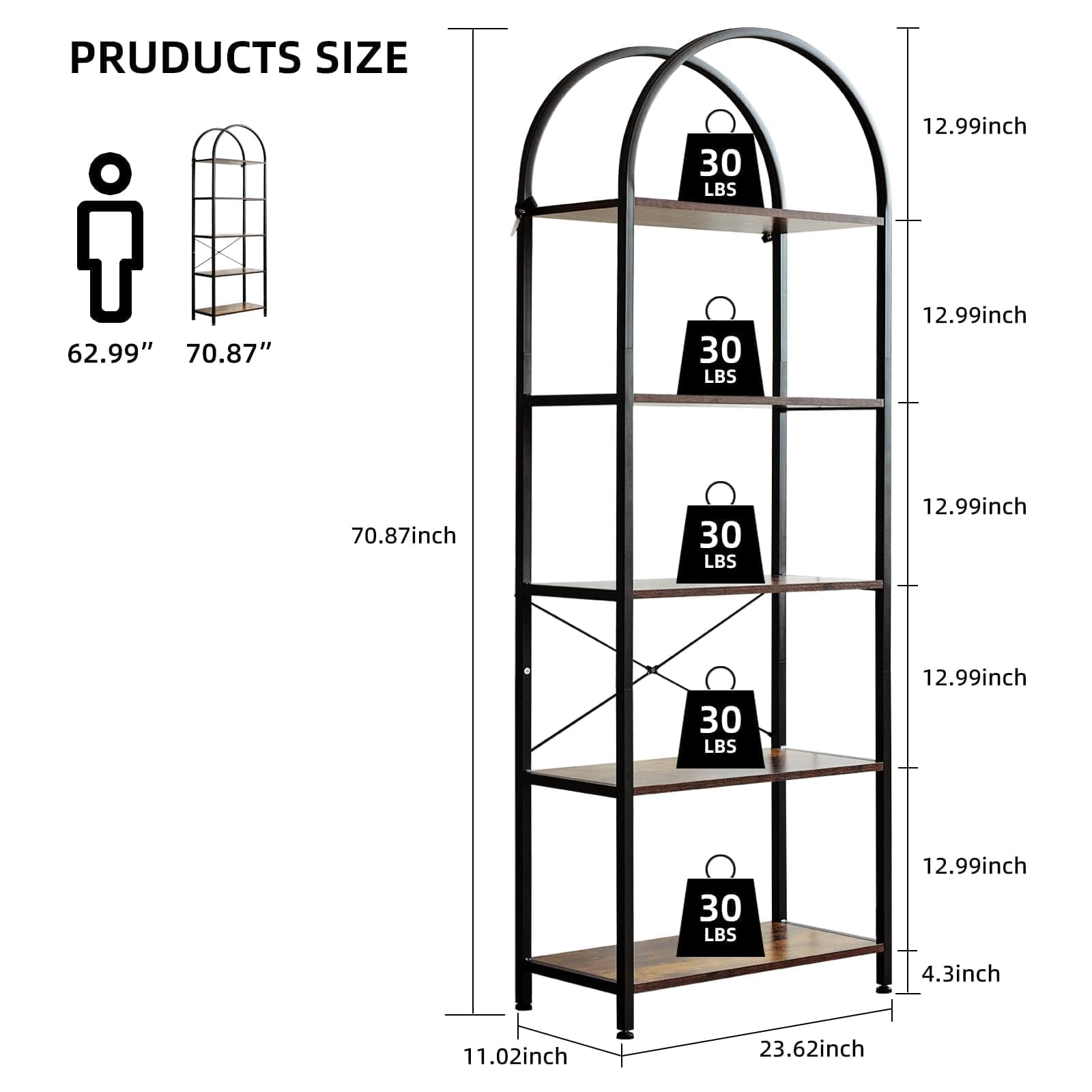 Libreria ad arco a 5 ripiani con metallo e – 60 x 28 x 180 cm scaffale per soggiorno, bagno e ufficio - marrone Display nd