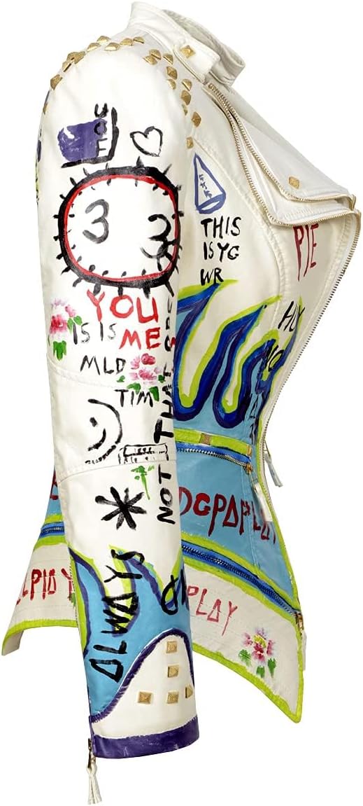 Women's Faux Leather Textured Hand Painted Graffiti Studded Rivet Moto Lady Fit Jacket Zip-up Slim PU Biker Coat - Image 2