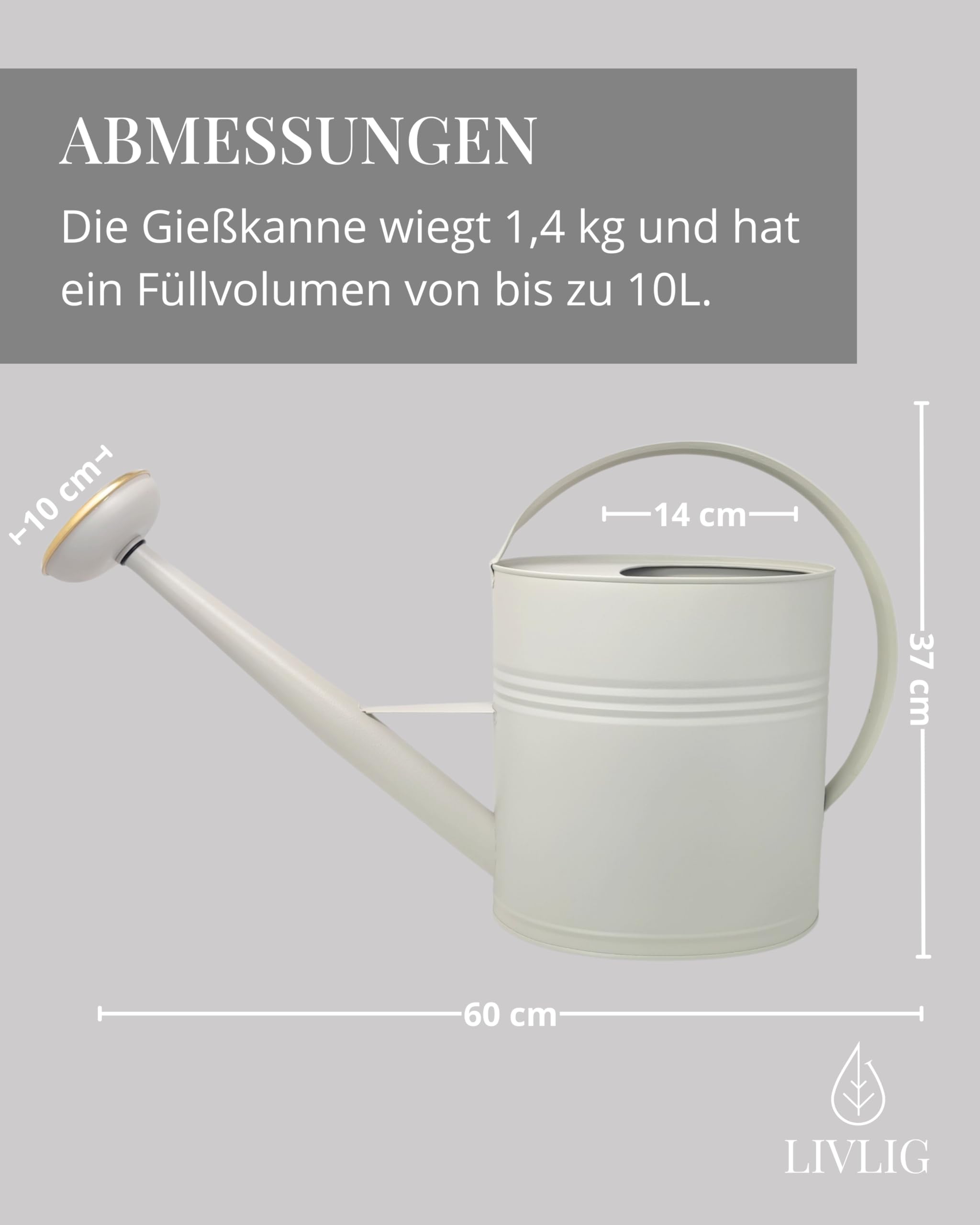 Gießkanne 10l, Gießkanne Metall für Garten & Balkon, Hochwertige Giesskanne 10 Liter aus verzinktem Metall, Gießkanne mit abnehmbarer Brause, Gießkanne Retro mit Messingbrause, Gießkanne Greige
