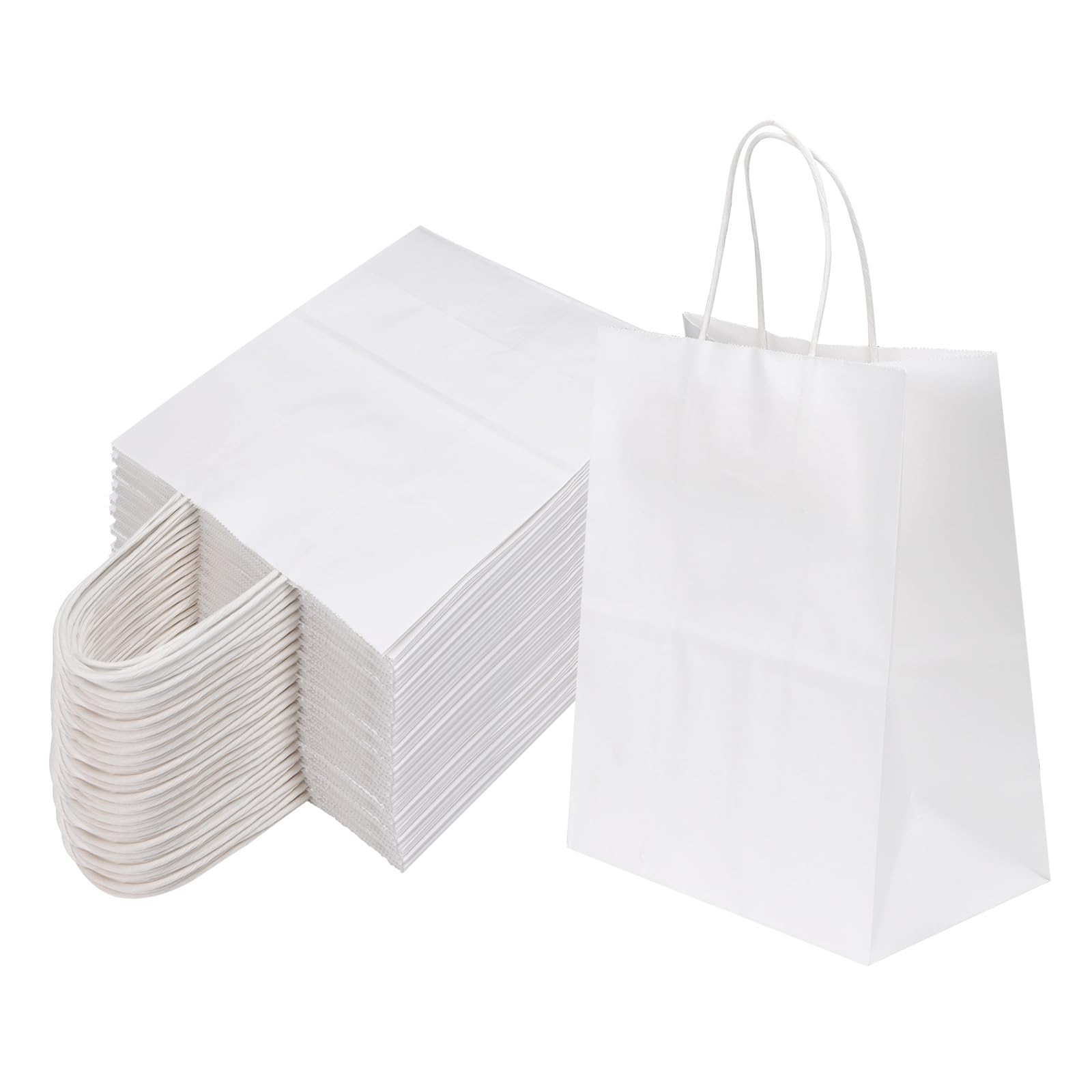Joybe 100 Pack 8x4.75x10 Inch Medium White Kraft Paper Bags with Handles Bulk, Craft Paper Gift Bags for Party Favors Grocery Retail Shopping Business Goody Merchandise Take Out Blank Sacks (100pcs)The Forest Stewardship Council