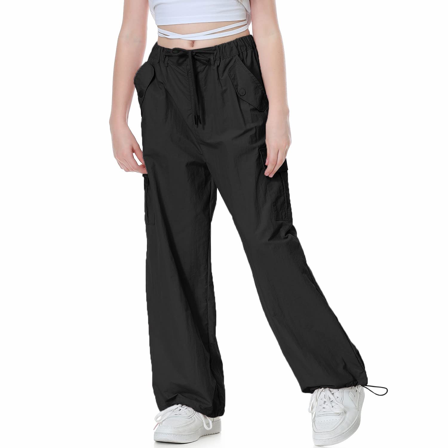 Rolanko Baggy Cargo Fallschirmhose für Mädchen, Y2K Vintage Jogger mit Verstellbarer Elastischer Taille für Kinder Fit