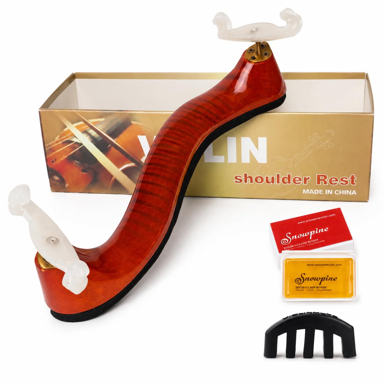 AMZZ Maple Wood Violin Shoulder Rest with Rosin &amp; Mute, 3/4 &amp; 4/4 Violins