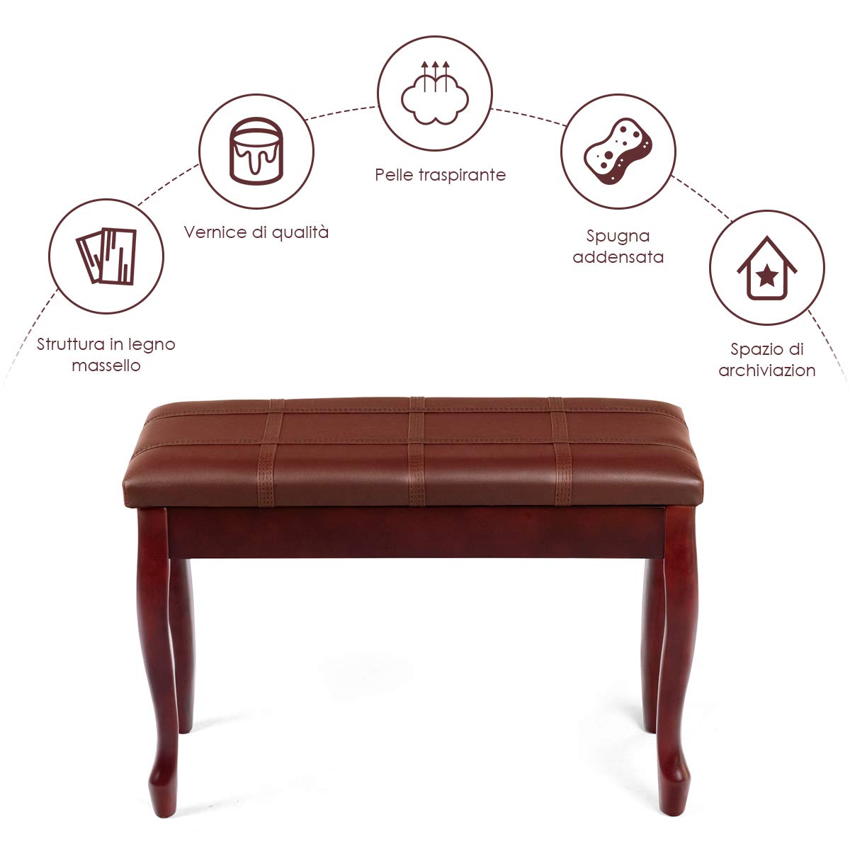 GOPLUS Panca Pianoforte con Contenitore, Sgabello con 2 Posti, Seduta Morbida e Traspirante, con 4 Gambe in Legno Massello, 75x35x49 cm (Marrone)