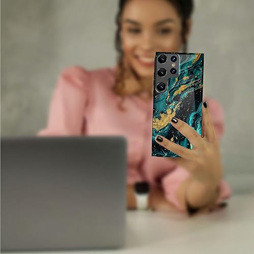 Miniatura 7 de Funda para teléfono Samsung Galaxy S21 Ultra con protector de pantalla de vidrio templado delgado, cubierta negra, diseño elegante de mármol verde