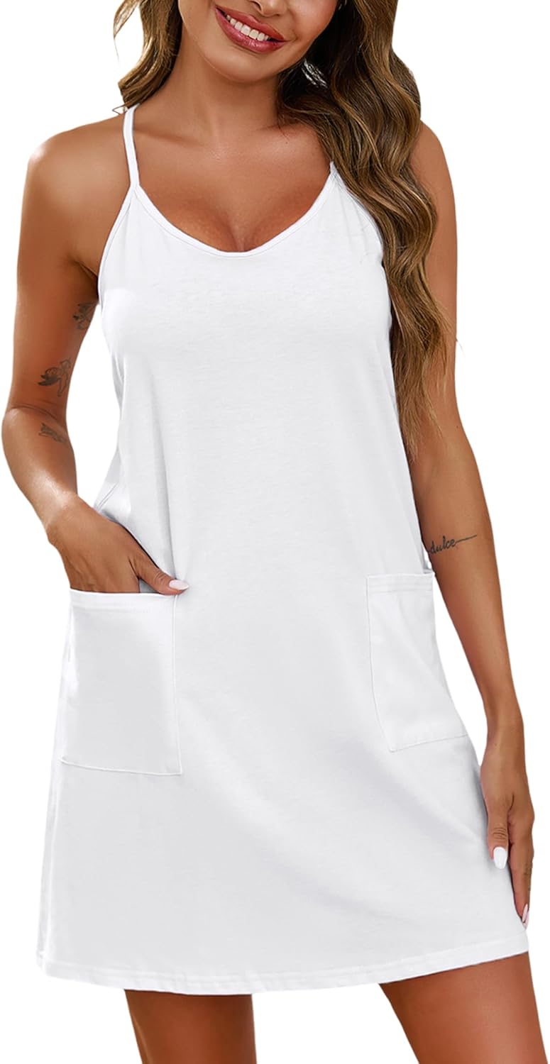 Marvmys Women's Cotton Sleeveless Short Nightgowns Racerback Sleep Dress with Pockets Scoop Neck Chemise Sleepwear