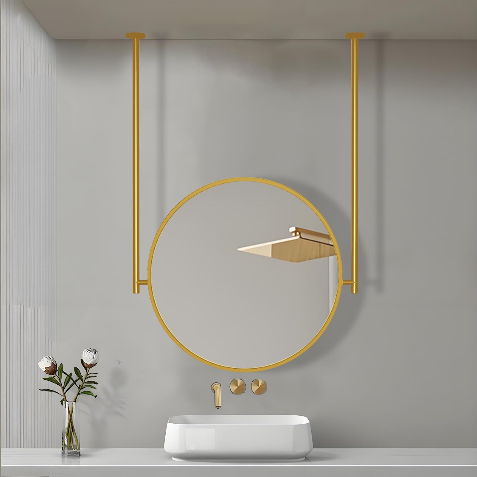 FGXHHS Round Large Hanging Floating Mirror, Wall-Mounted Mirror with Metal Frame, Modern Decorative for Cloakroom Entry Way Bathroom Home Hotel -Gold(Diameter-50CM/19.7INCH)