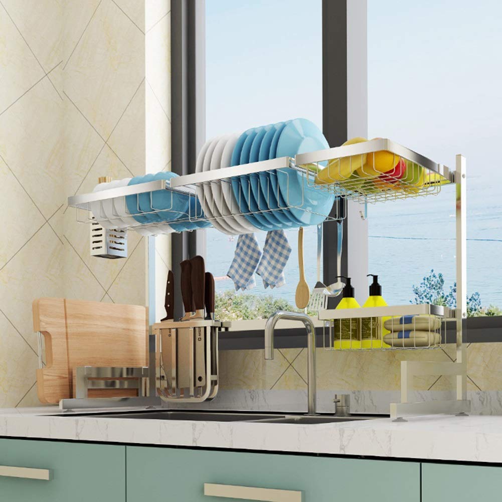 Ociekacz do naczyń ze stali nierdzewnej do zlewu oszczędzający miejsce uchwyt na sztućce kuchenne i półki odpływowe naścienny design niezbędny organizer kuchenny (rozmiar: 85 cm)