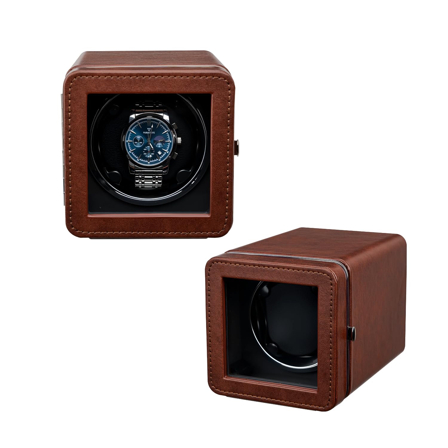 Mcbazel Remontoir 1 Montre Automatique - Moteur Ultra Silencieux avec Lumière LED, 4 Modes de Rotation, Boîte en Cuir PU, Affichage à 90° pour Montres Automatiques/Alimenté par USB – Marron