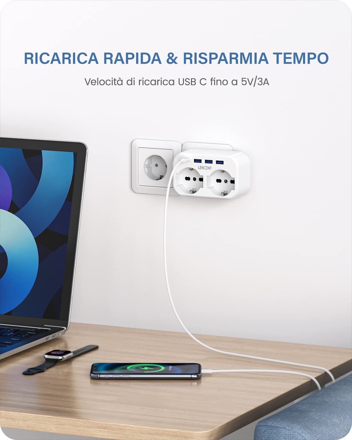 LENCENT Adattatore Spina EU da Viaggio, Presa Italiana con 2 Prese e 3 USB e 1 USB-C, Adattatore Spina Europa per Germania,Francia, Spagno, Adattatore Multipresa Europa 4000W -Bianco