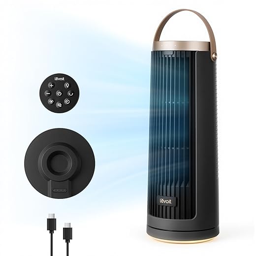 LEVOIT Tower Fan for Bedroom, 20dB Portable Fan with 23ft/s, Up to 20-Hour Battery Life, Easy-to-Carry Desk Fan, 5 Speeds 90° Oscillation, DC Motor, Night Light & Timer, Remoter, for Outdoors, Home