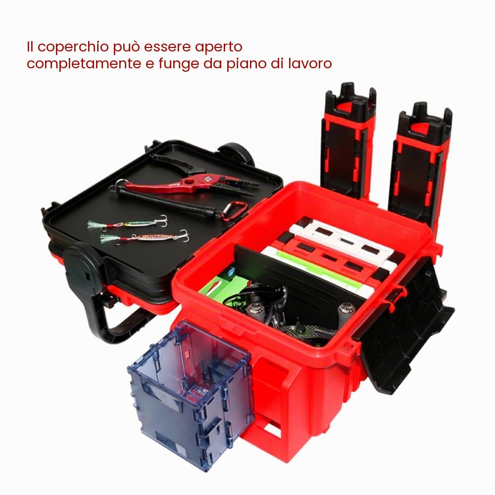 cassetta degli attrezzi portatile da pesca, scatola da pesca da viaggio, scatola con portabottiglie e supporti per canna da pesca
