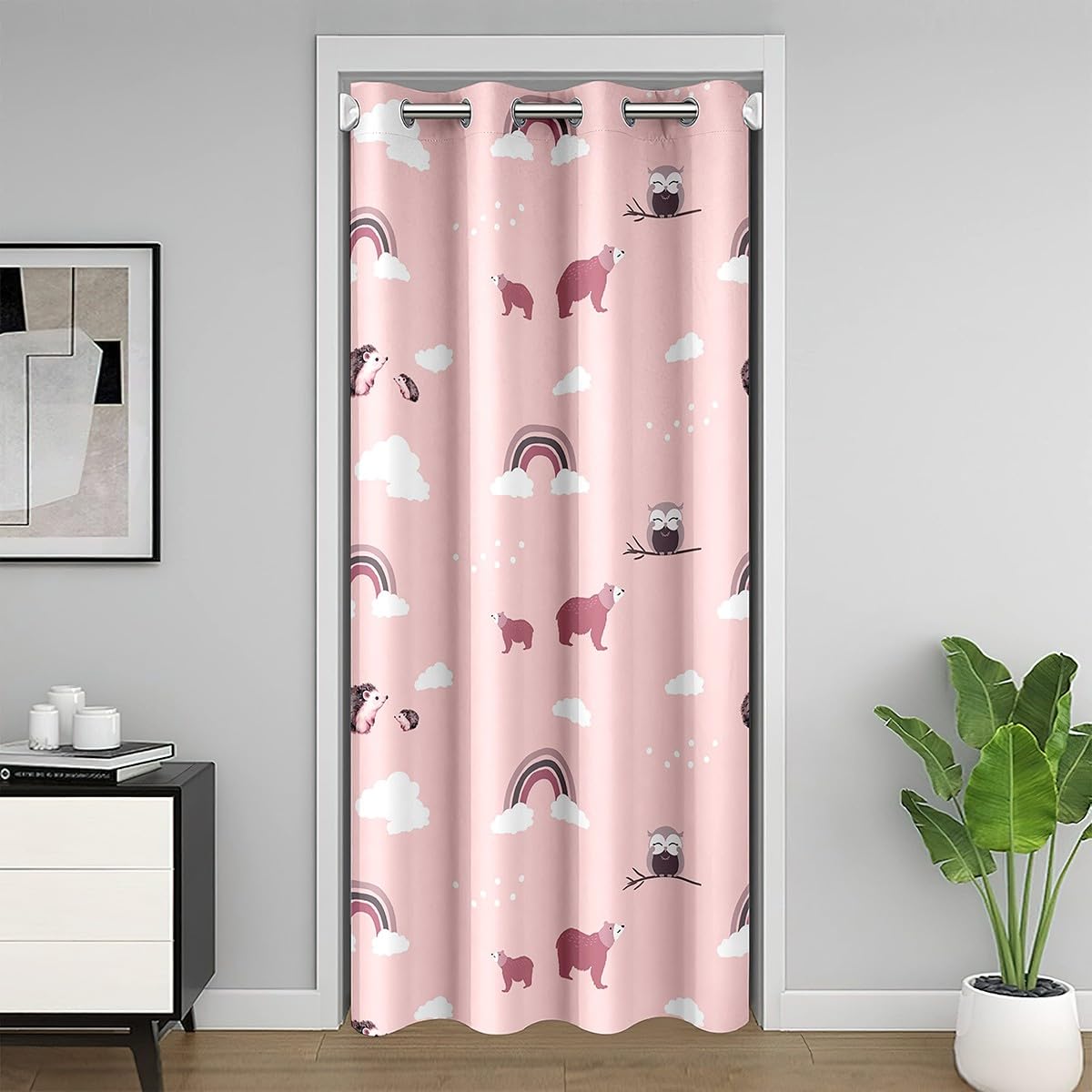 Loussiesd Pink Cartoon Animals Door Curtain for Doorway Privacy 132x213cm 1 Panel Cute Owl Bear Squirrel Closet Cover Kids Boys Girls Teens Rainbow Room Divider Curtain Cloud Bedroom Living Room Decor