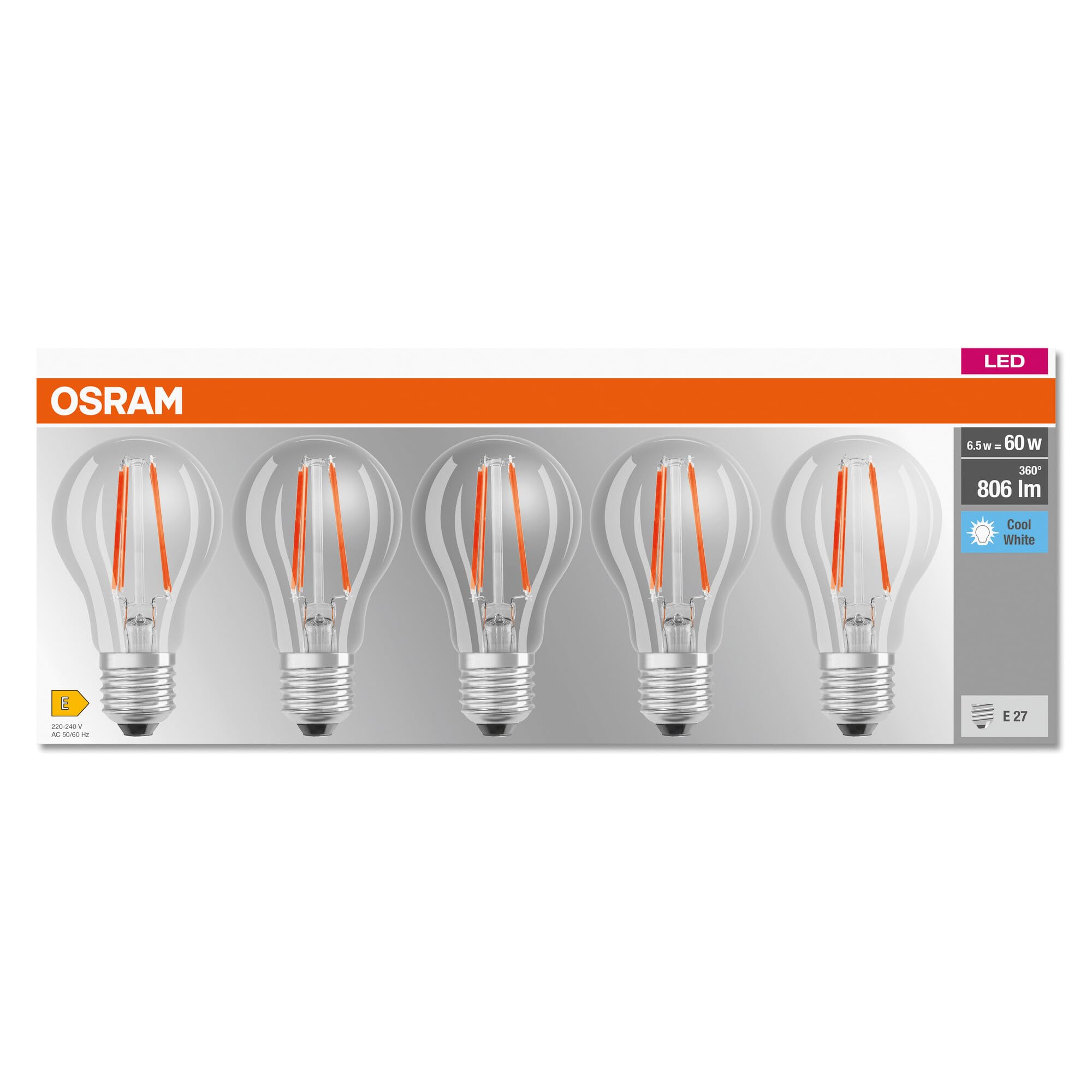 OSRAM LED BASE Classic A60, przezroczyste żarówki LED ze szkła na trzonek E27, kształt żarówki, chłodna biel (4000K), 806 lumenów, zastępuje tradycyjne żarówki 60W, pudełko 5 szt.