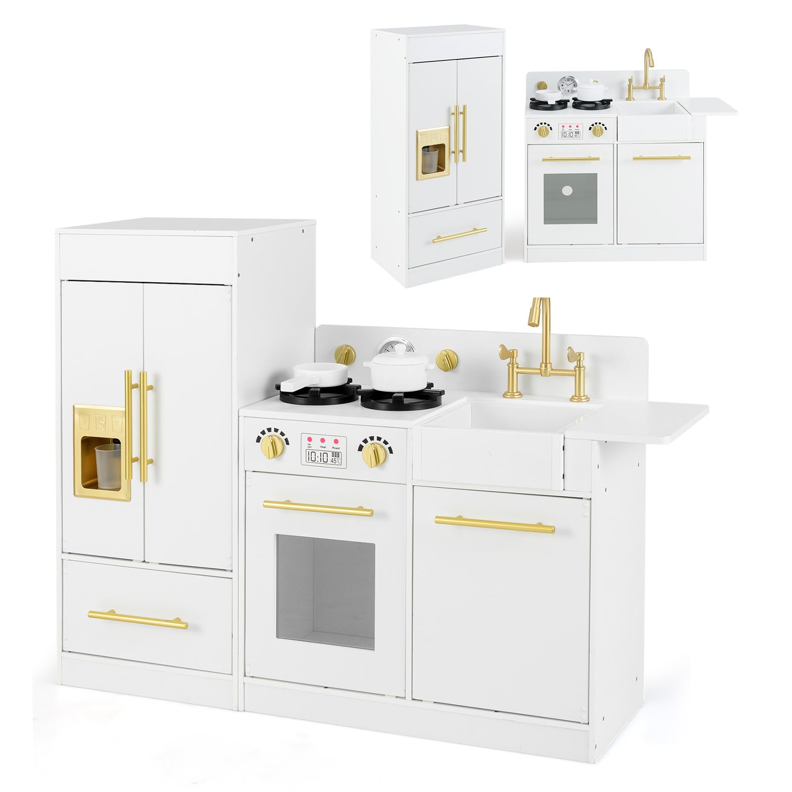 INFANS Play Kitchen Set, Kids Children Pretend Toy Kitchen 2-Piece Playset with Refrigerator, Oven, Microwave, Ice Maker, Sink with Faucet,