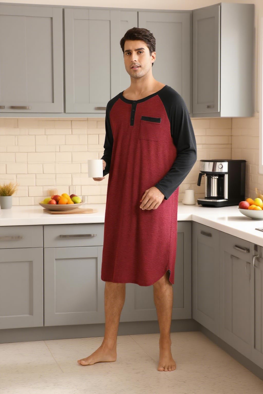 Enjoyoself Chemise de Nuit Homme Hauts de Pyjama Tee-Shirt Longueur Genou Manches Longues Col V avec Boutons Vêtements d'Intérieur Douce Confortable Grande Taille M-4XL