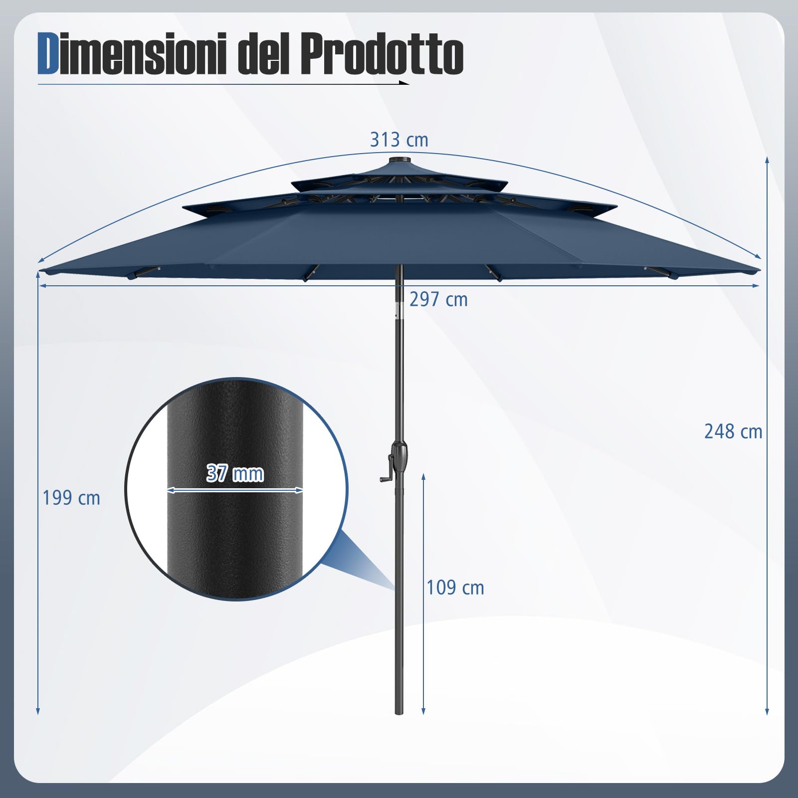 COSTWAY Ombrellone da Patio 297 cm con 32 Luci LED, Tetto Ventilato a 3 Piani, Inclinazioni Regolabili, Manovella, 8 Stecche, Ombrellone da Giardino, Piscina, Spiaggia (Blu)